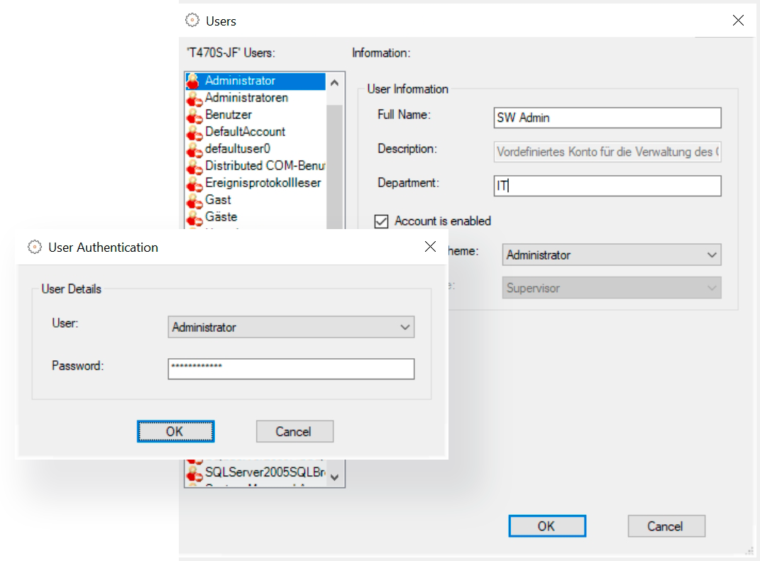 Security Zusatzmodul Software Oberfläche zeigt das Security Zusatzmodul mit der geöffneten Benutzerverwaltung